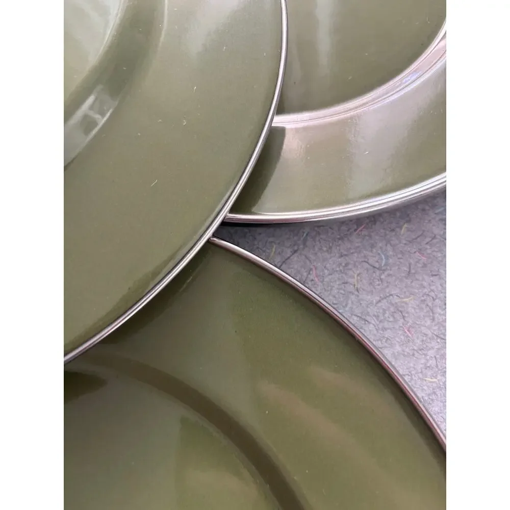 Set of 4 Crate and Barrel Enamelware Dinner Plates Sage Green